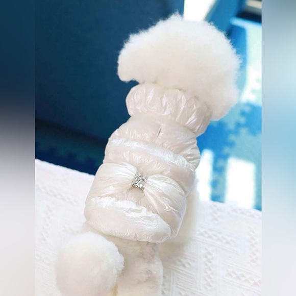🛍️BOGO🛍️Iridescent Pink Dog Puffer Jacket | Sleeveless | Crystal Bow | S | New - Picture 6 of 11